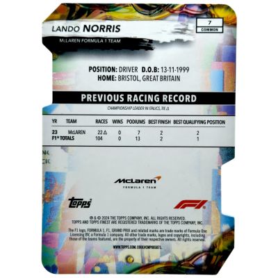 Lando Norris 2024 Topps Finest Formula 1 - Common Die-Cut 20/99 #7 Mclaren