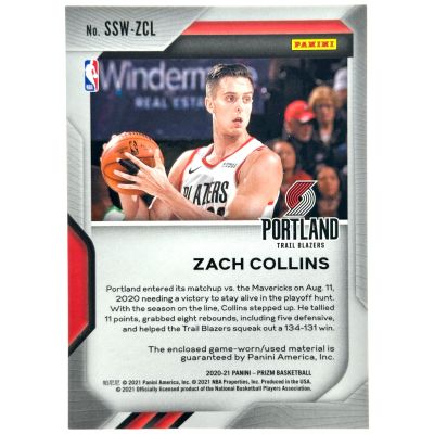 Zach Collins 2020-21 Panini Prizm - Sensational Swatches Game Worn Relic #SSW-ZCL Portland Blazers