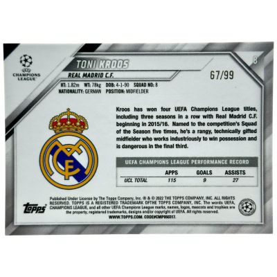 Toni Kroos 2021-22 Topps Chrome Sapphire UCL - Gold 67/99 Real Madrid