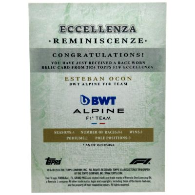 Esteban Ocon 2024 Topps Eccellenza Formula 1 - REMINISCENZA Race Worn PATCH Green 96/99 Alpine
