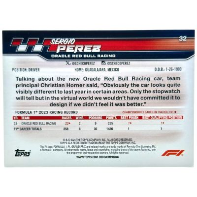 Sergio Perez 2024 Topps Paddock Pass F1 Oracle Red Bull Racing #32 33/75