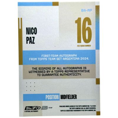 Nico Paz 2024-25 Topps Argentina Team Set - AUTO 201/250 #BA-NP