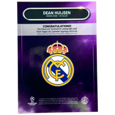 Dean Huijsen 2025-26 Topps Summer Signings - Purple AUTO 32/50 Real Madrid
