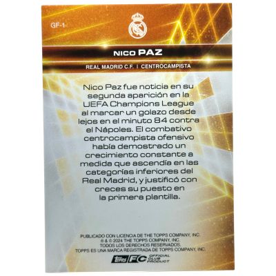 Nico Paz 2024-25 Topps Real Madrid Fan Set Golden Refractor #GF-1 Real Madrid