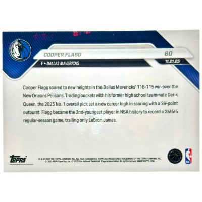 Cooper Flagg 2025-26 Topps Now NBA #60 Dallas Mavericks