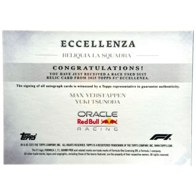 Max Verstappen/ Yuki Tsunoda 2025 Topps F1 Eccellenza Reliquia La Squadra Race Used Suit Relic BOOKLET 10/50 Red Bull Racing