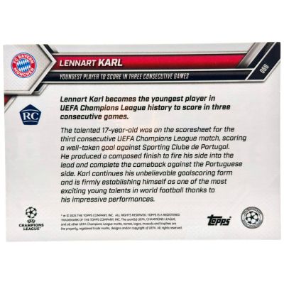 Lennart Karl 2025 Topps Now RC Rookie UCL Record Youngest Player to Score 3 Goals #66 Bayern Munchen