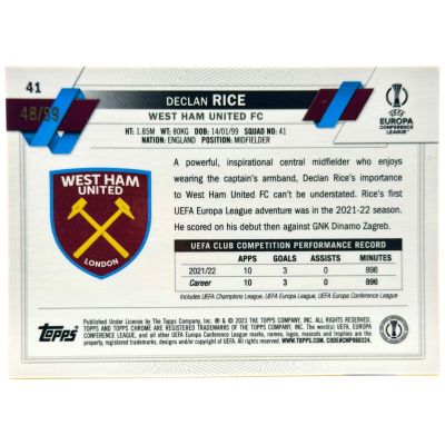 Declan Rice 2023 Topps Chrome 48/99 #41 West Ham United