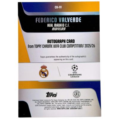 Federico Valverde 2025-26 Topps Chrome UCC - AUTO 155/199 Aqua #CR-FW Real Madrid