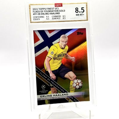 Erling Haaland 2021 Topps Finest UCL Flags of Foundation GOLD 28/50 #FF-08 GBTC 8.5 Norway