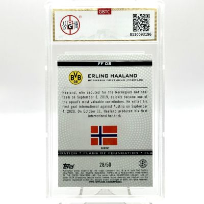 Erling Haaland 2021 Topps Finest UCL Flags of Foundation GOLD 28/50 #FF-08 GBTC 8.5 Norway