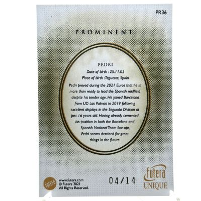 Pedri 2021-22 Futera Unique World Football - Prominent 24KT Gold Framed 04/14 #PR36 Spain