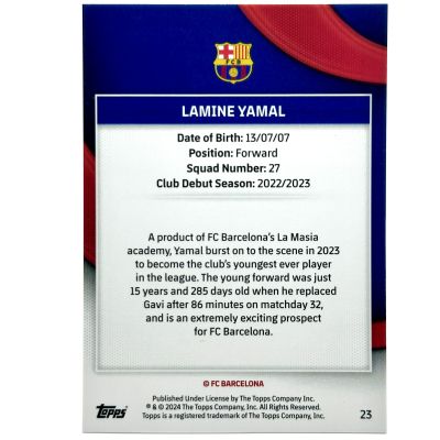 Lamine Yamal 2023-24 Topps FC Barcelona Team Set - Rookie RC Blue 146/250 #23 