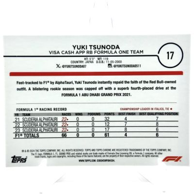 Yuki Tsunoda 2024 Topps Chrome Formula 1 - PINK 24/75 #17 Visa Cash RB