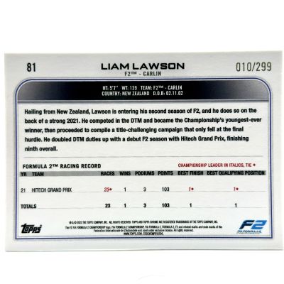 Liam Lawson 2022 Topps Chrome F1 - Future Stars Mini Diamond Refractor 010/299 #81 F2 Carlin
