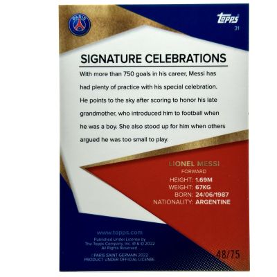 Lionel Messi 2021-22 Topps Signature Celebrations #31 48/75. Aqua Foil PSG