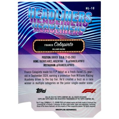 Franco Colapinto 2024 Topps Finest Formula 1 - Headliners Die-Cut Rookie RC 39/74 #HL-10 Williams